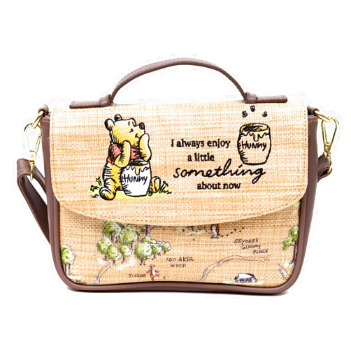 Buckle-Down Disney Vegan Leather Fold Over Crossbody Bag for Women, Winnie the Pooh Embroidered Pooh and Friends Pose, Raffia Straw