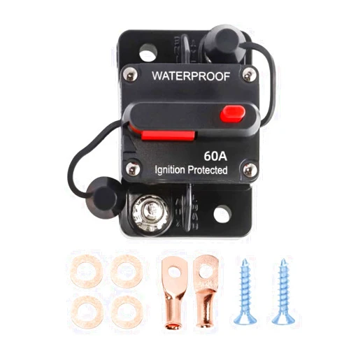 Foknya 60 Amp Circuit Breaker, Manual Reset Switch Waterproof Inline Fuse Inverter for Boat Trolling Motor Car Automotive Solar System Power Protect 12-48V DC, with Wire Lugs Copper and Washer Screws