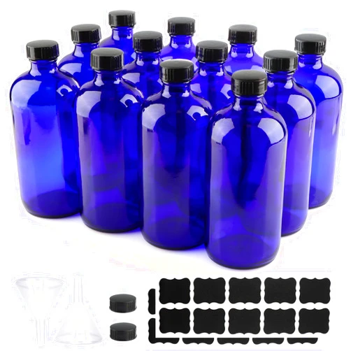 PINIWON 12 Pack 16 oz Cobalt Blue Glass Bottles, Boston Round Sample Bottles with Black Poly Cone Caps, Labels and Funnels