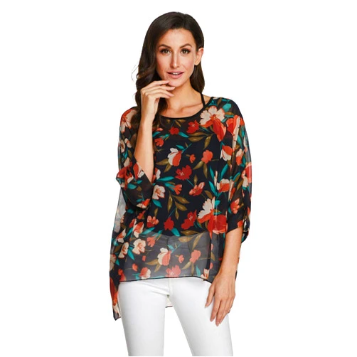 JLTPH Women Batwing Chiffon Shirt Bohemian Beach Loose Floral Blouse Tunic Tops
