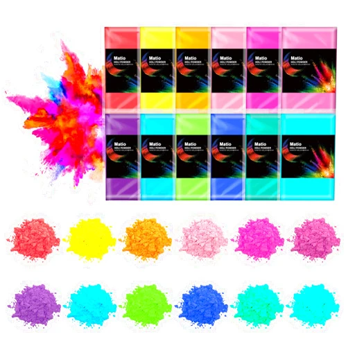 Matio Color Run Powder, 12 Pack 3.5oz/100g Each Natural Holi Powder Assorted Color Powder Bulk, Washable Chalk Powder Paint for Color War, Fun Run, Summer Camp, Party, Photography Smoke,Gender Reveals