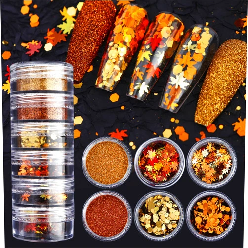 XIELIME 6 Boxes Fall Nail Glitters 3D Maple Leaf Nail Art Glitter Sequins with Gold Hexagon Maple Leaves Flakes Decals Glitter Powder Autumn Nail Accessories for Women Thanksgiving Nail Decorations DIY Crafts