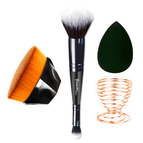 Bueart Design Duo Ended Foundation & Concealer Makeup Brush 2 in 1 Plus Large Flat Top Kabuki Flawless Foundation Brush, Black makeup sponge and Blender Holder By Bueart Design