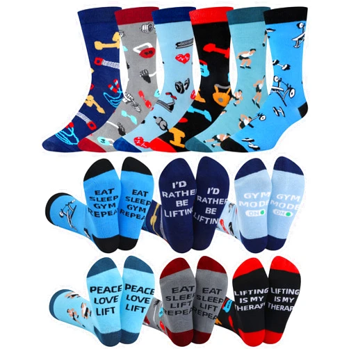 Glitopper 6 Pairs Funny Gym Lover Socks Gifts for Men Novelty Weightlifting Cotton Crew Sock Workout Fitness Gifts for Gym Lovers Bodybuilder Weightlifters
