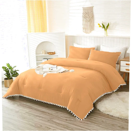 Velosso 3 Piece White Vintage Pom-Pom Fringe Plain Pattern Comforter Set, 100% Egyptian Cotton | 1000 Thread Count (Full/Queen Size, Sand Color)