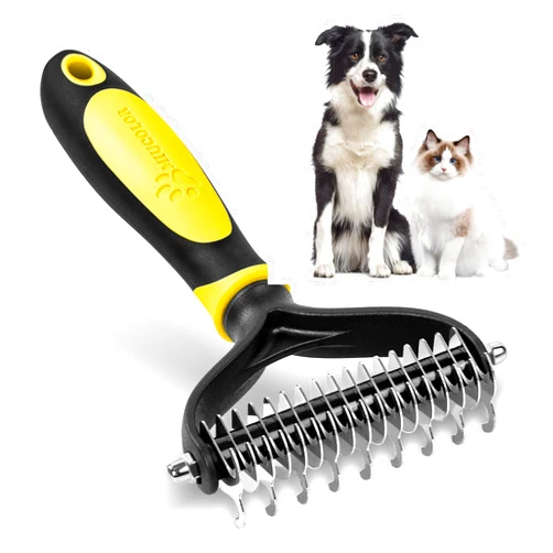 MIU COLOR Pet Grooming Brush, 2 Sided Undercoat Rake for Dogs & Cats, Professional Deshedding Brush and Dematting Tool, Effective Removing Knots, Mats, Tangles for Cats, Dogs, Extra Wide (Yellow)