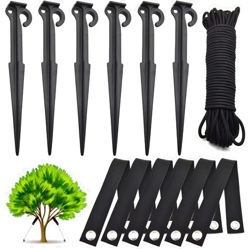 GARDIGER 13 pcs Tree Stake Kit - 6pcs Anchoring Tree Stake, 6pcs Tree Support Straps with 50ft Strong Rope, Tree Staking and Support Kit for Young Trees Against Bad Weather, Garden Plant Young Tree Outdoor