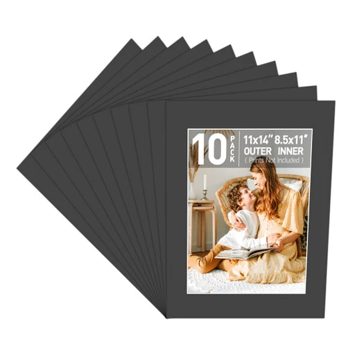 Golden State Art, Acid Free, Pack of 10 Black Pre-Cut 11x14 Picture Mat for 8.5x11 Photo with White Core High Premier Bevel Cut Mattes