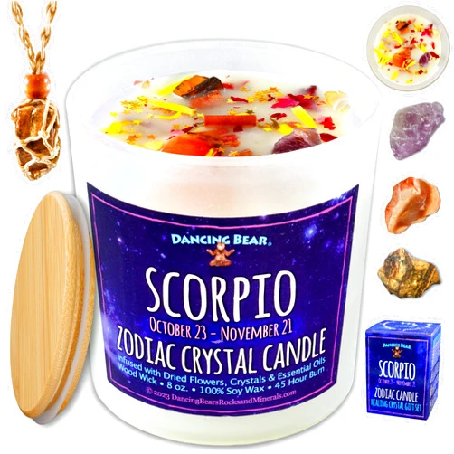 DANCING BEAR Scorpio Zodiac Candle Gift Box Set with 3 Healing Crystals & Stone Holder Necklace, 100% Soy Scented Wax, Crackling Wood Wick, 45 Hour Burn Time
