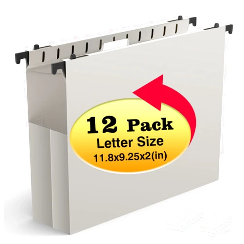 SHUTEX Extra Capacity Plastic Hanging File Folders,12 Pack Reinforced Expanding Hang Folder Letter Size,Accordian Pocket,Heavy Duty 2 Inch Expansion, Hard Hanging Folder Organizer for Office Home,Grey