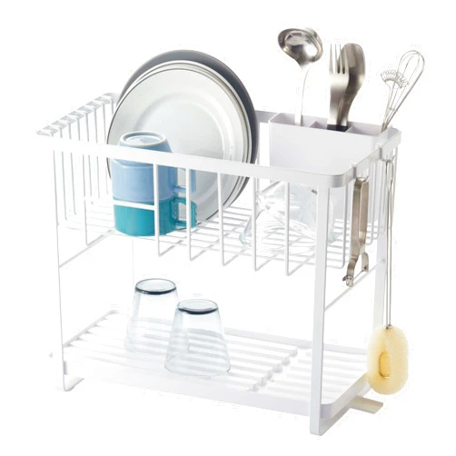 Yamazaki Home Two-Tier Adjustable Dish Drainer Rack, Compact Drying Rack with Hooks, Utensils Holder, Steel, Draining Spout, Water Resistant, No Assembly Req., White