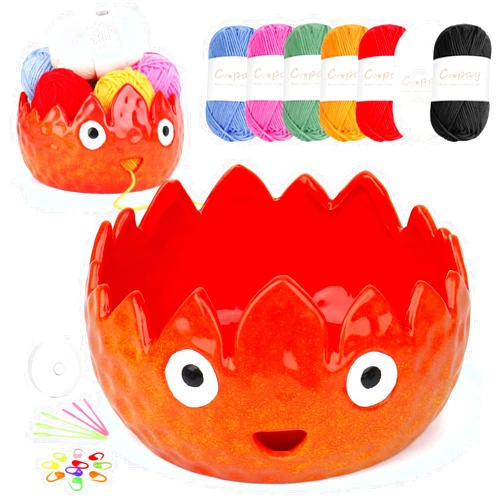 Coopay Flame Yarn Bowl for Crocheting/Knitting, Cute Yarn Storage Bowl with 7PCS Yarn & Accessories, Large Size Ceramic Yarn Bowl 7in Crochet Knitting Bowl for Beginners, Great Knitting Crochet Gift