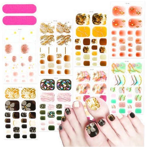 KTAABTR 8 Sheets French Toe Nail Stickers Full Nail Wraps Self Adhesive Nail Art Polish Stickers Flowers Star Glitter Nail Strips Decal Toenail Stickers for Women Manicure Kits with Nail File