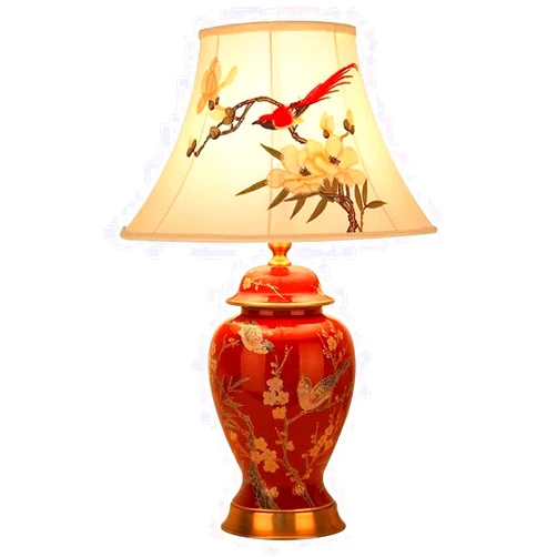 GaRcan Red Glazed Ceramic Table Lamp Chinese-Style Bedroom Bedside Lamp with Embroidery Lampshade Large Desk Lamp for Wedding Room Living Room End Table Decoration Lighting
