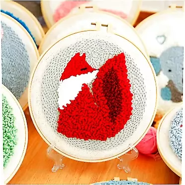 Generic Easy Punch Needle Embroidery Kits Rug for Starter Kits with Stamped Color Pattern Instruction,Yarn and Adjustable Pen,Hoop for Rug Hooking DIY Tools Set Included (Red Fox Tailer)