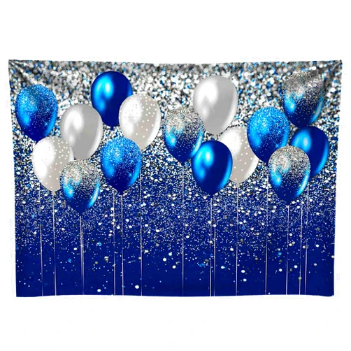 Funnytree 7X5FT Soft Fabric Balloons Backdrop Royal Blue and Silver Glitter Background Birthday Prince Prom Graduation Party Banner Cake Table Decor Portrait Photo Studio Photobooth Prop Gift Supplies