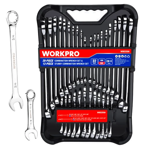 WORKPRO 32-Piece SAE & Metric Combination Wrenches Set, 20-Piece Standard wrenches and 12-Piece Stubby Wrenches with Organizer Tray, Cr-V Steel Mirror Chrome Polished