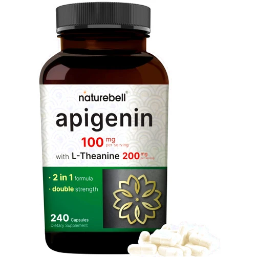 NatureBell Apigenin 100mg with L-Theanine, 240 Capsules (50mg Apigenin Per Capsule) – Extra Strength Sleep & Relaxation Supplement – Bioflavonoid, Antioxidant, & Amino Acid Complex – Non-GMO