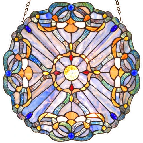 Bieye W10069 Baroque Tiffany Style Stained Glass Window Panel, Round Shape, 16 inches Wide
