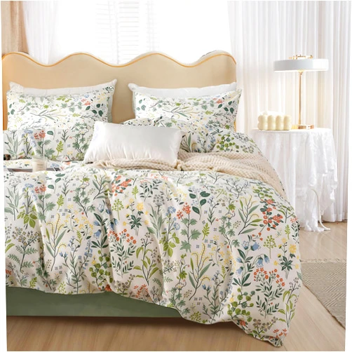 mixinni Fresh Soft Aesthetic Green Floral Comforter Set Queen Size, Boho Cottagecore Wildflowers Leaves Bedding Set, 1 Shabby Chic Comforter and 2 Pillowcases for All Seasons-Queen Size