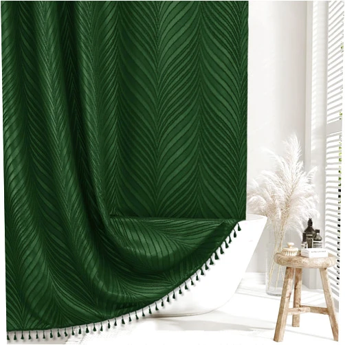 Siiluminisoy Dark Green Boho Shower Curtain Woven Fabric Cute Shower Curtain, 72 x 72 Tufted Leaves Textured Striped Modern Farmhouse Minimalist Cloth Shower Curtain for Bathroom
