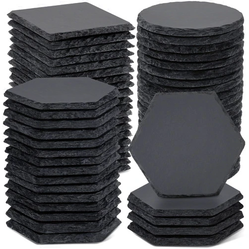 MAPRIAL 60 PCS Slate Coasters Bulk, MAPRIAL 4 Inch 20PCS Black Square, 20PCS Round, 20PCS Hexagon Handmade Stone Drink Coasters for Laser Engraving, Engravable Blanks Material for Engraver, Home Decor, Gifts