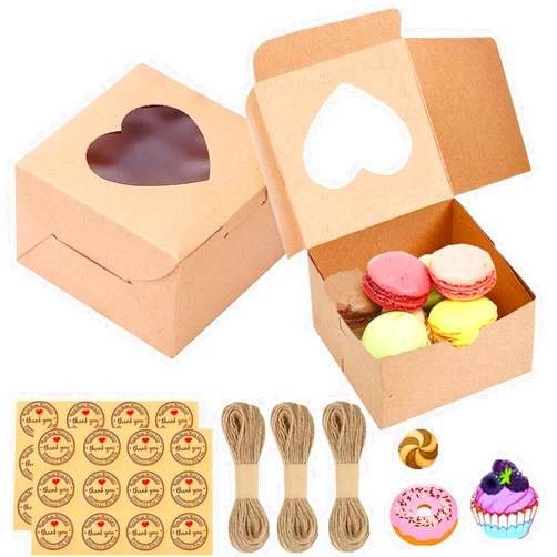 Gbateri 50 Pack 4 inch Cake Boxes with Window - Small Bakery Boxes 4x4x2.5 inches - Paper Cookie Boxes - Mini Treat Boxes for Pastries, Strawberries, Cupcakes, Desserts, Donuts, Muffins, Candy (Brown)