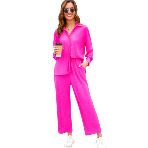 BLUEMING Women Two Piece Casual Outfits Y2K Loungewear Pleated Wide Leg Pants Long Sleeve Button Down Shirt Streetwear Set Rose Red L
