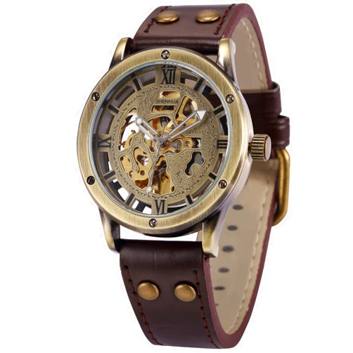 AMPM24 Vintage Bronze Roman Automatic Mechanical Men's Skeleton Brown Leather Strap Wrist Watch PMW362