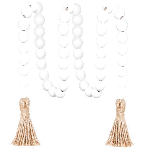 Meplait 39in Wood Bead Garland Farmhouse with Tassels,Versatile Prayer Beads Boho Chic Wall Hanging Home Decor (White)