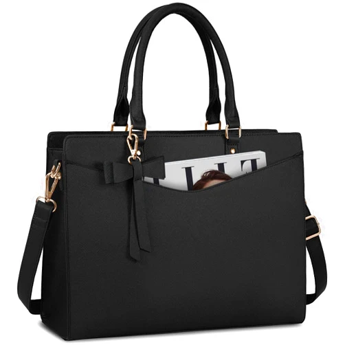 RAINSMORE Laptop Bag for Women 15.6 Inch PU Tote Bag Business Office Work Bag Waterproof Briefcase Computer Tote Lightweight Handbag Shoulder, Black