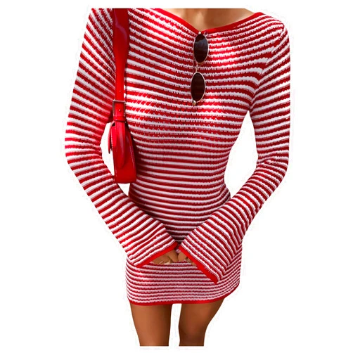 MakeMeChic Women's Striped Round Neck Bell Sleeve Slim Fitted Short Mini Bodycon Dress