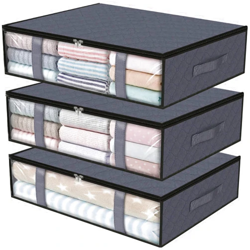 StorageRight Storage Bins,3-Pack Clothes Storage, Foldable Blanket Storage Bags, Under Bed Storage Containers for Organizing, Clothing, Bedroom, Comforter, Closet, Dorm, Quilts, Organizer,Grey