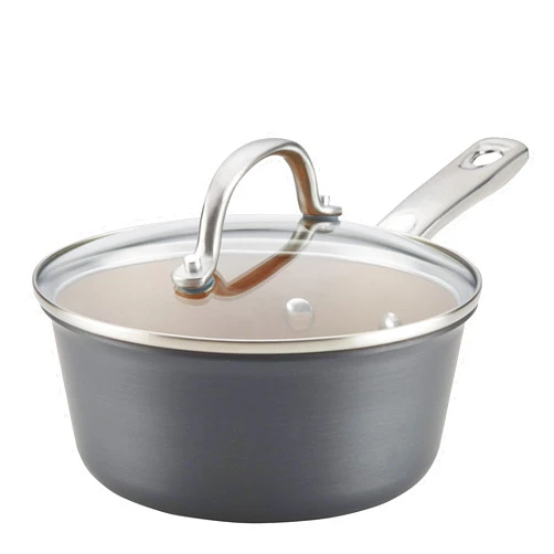 Ayesha Curry Home Collection Hard Anodized Nonstick Sauce Pan/Saucepan with Lid, 2 Quart, Gray
