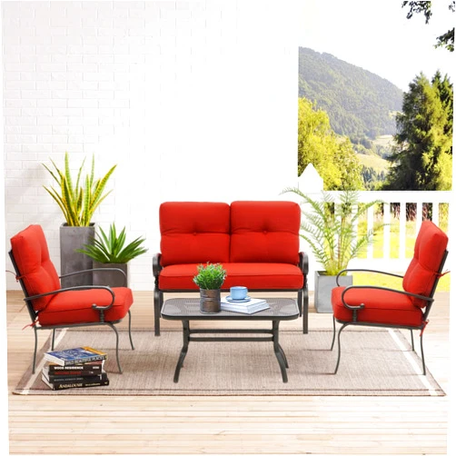 SUNCROWN 4 Pieces Outdoor Metal Furniture Patio Conversation Set Loveseat, 2 Dining Chairs and Coffee Table for Lawn Front Porch Garden, Red Cushions