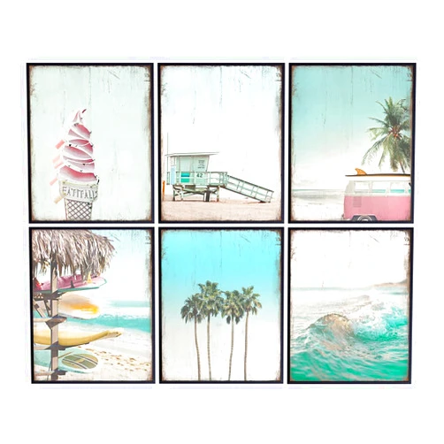 YELLOWBIRD ART & DESIGN Rustic Vintage Nautical Ocean Poster Prints for Beach House Decor, Home Decoration Set - 6-8x10 Tropical Summer Wall Art - Cute Shabby Chic Gift - UNFRAMED Photo Pictures - Flamingo, Palm Tree, Wave
