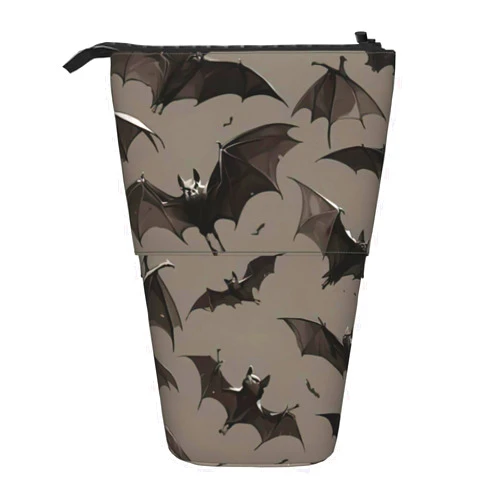 TietYaer Halloween Bats Grey Print Standing Pencil Case,Pop Up Pen Pouch,Telescopic Pencil Bag Pen Holder Stationery Case Makeup Bag