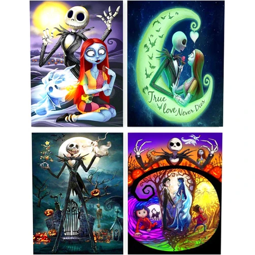 GemZono 4 Pack Diamond Painting Kits for Adults DIY 5D Jack&Sally Halloween Diamond Art Paint with Round Diamonds Full Drill Nightmare Gem Art Painting Kit for Home Wall Decor Gifts(12x16inch)