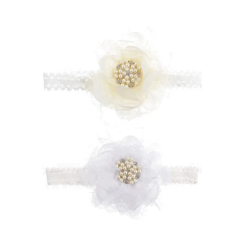 Nishine 2pack Newborn Elactic Lace Crwon Headband Toddler Girls Fabric Flower Pearl Hairband for Baby Shower Birthday Gift (White/Ivory)