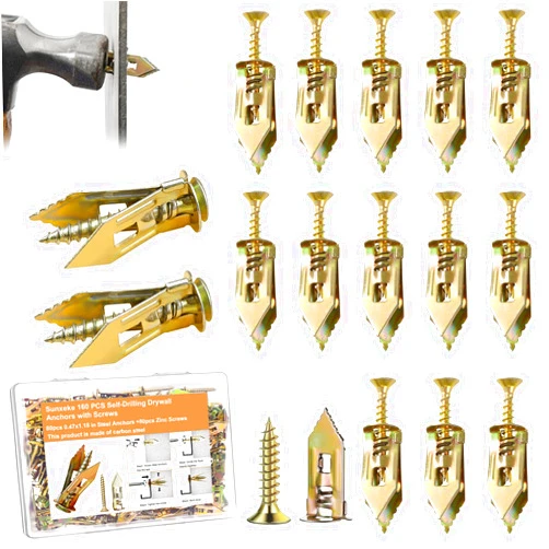 Sunxeke 160 PCS Self Drilling Drywall Anchors with Screws 2024 Upgraded Zinc Plated Steel Hollow Wall Anchors(0.47X1.18inch) and Screws, Easy Application No Drill or Holes in Wall