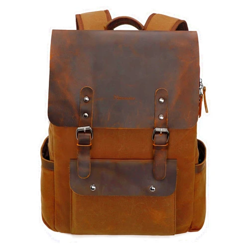 Modoker Waxed Canvas Backpack, Leather Rucksack Knapsack for Men Woman Vintage Travel Laptop Backpack 15.6 Inch Satchel Backpack, Retro Flap Backpacks Canvas Casual Bookbag Brown