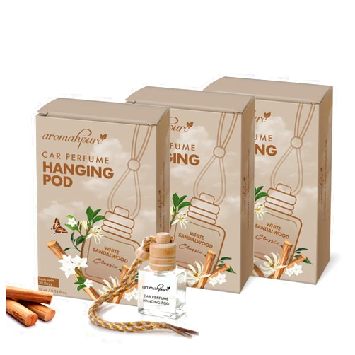 Aromahpure Premium Car Perfume Hanging Pod |10 ML |Sandalwood Fragrance Car Air Freshener |Natural Fragrance Oils in Glass Bottle with Wooden Diffuser Lid |Last Upto 30 Days (Pack 3), IFRA Certified