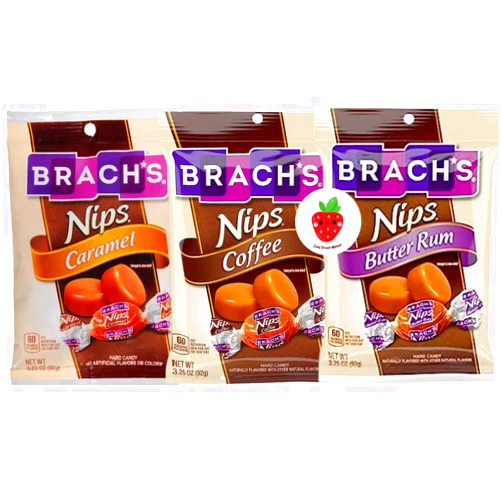 June Street Market Nips Hard Candy Variety Pack - Butter Rum, Caramel, Coffee - 1 Bag of each Flavor with June Street Market Kawaii Sticker