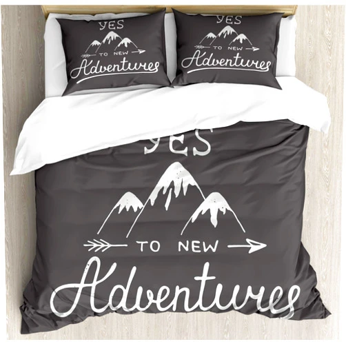 Ambesonne Adventure Duvet Cover Set, Say Yes to New Adventures Typographic Words Scribble Mountains, Decorative 3 Piece Bedding Set with 2 Pillow Shams, King Size, Charcoal Grey and White