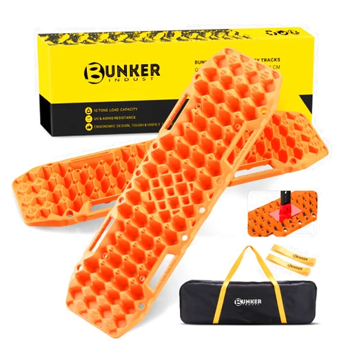 BUNKER INDUST Off-Road Traction Boards with Jack Base,Pair Recovery Track 4X4 Jeep Truck Emergency Tire Traction Mat with Bag -Sand, Mud, Snow Tracks Orange Traction Pad (Gen 7th)