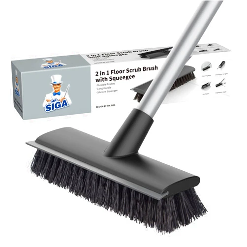 MR.SIGA Floor Scrub Brush with Long Handle, 2 in 1 Scrubber and Squeegee for Cleaning Bathroom, Patio, Garage, Wall, Tile with Stiff Bristles