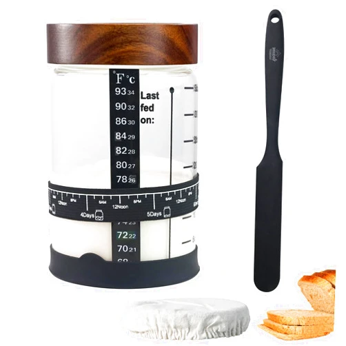 TMEDW Sourdough Starter Kit, Sourdough Bread Baking Supplies, 35OZ Large Capacity Sourdough Starter Jar with Wooden Lid, Feeding Tracker, Thermometer, Cloth Cover, Silicone Spatula & Silicone Rubber Bottom