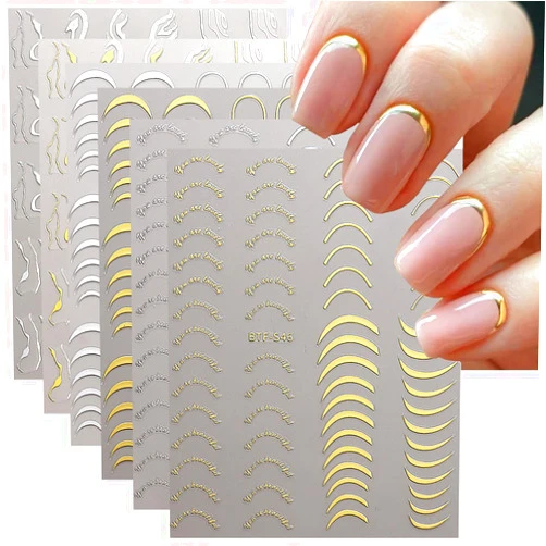 YKZFUI 6 Sheets Metallic Nail Art Stickers Gold Silver French Nail Decals Nail Art Supplies 3D Metal Curve Stripe Wave Lines Nail Design French Nail Stickers for Women Acrylic Nails Decoration Accessories