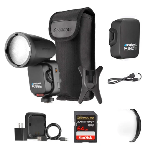 Westcott FJ80 II S Touchscreen Speedlight with Sony Camera Mount | 2.8-inch LCD Color Touchscreen, FJ80 Magnetic Diffusion Dome Lighting Accessories, 64GB SDXC Memory Card Bundle