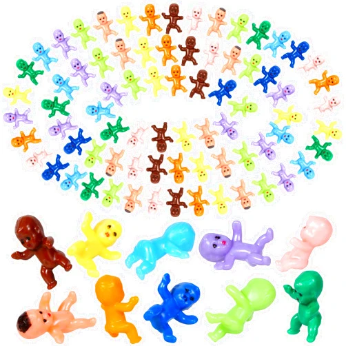 Selizo 100 Mini Plastic Babies: Assorted Colors, Tiny King Cake Figurines for Baby Shower Games & Ice Cube Fun